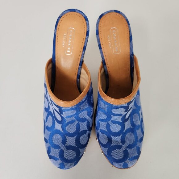 Coach Bacall Clog Shoes Womens Size 7.5 Blue Signature Canvas Wood Heel Platform - Picture 2 of 10